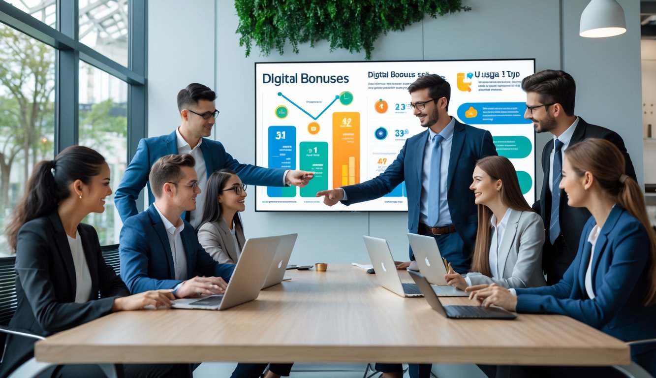 Sekelompok profesional muda sedang berdiskusi di ruang kerja modern dengan laptop dan perangkat digital, fokus pada grafik dan ikon bonus digital di layar.