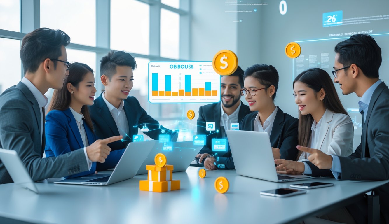 Sekelompok profesional muda sedang berdiskusi di sekitar meja dengan perangkat digital yang menampilkan grafik dan ikon bonus digital.