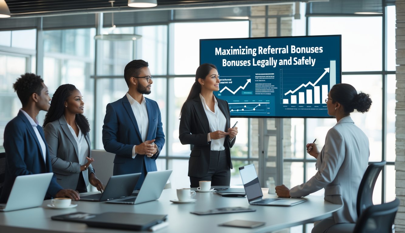 Seorang wanita bisnis sedang mempresentasikan strategi kepada rekan kerjanya di kantor modern dengan layar digital dan grafik keuangan.