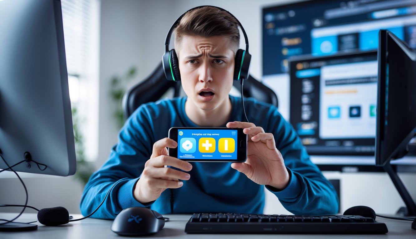 Seorang pemain muda duduk di meja dengan ekspresi frustrasi sambil memegang ponsel yang menampilkan aplikasi game.