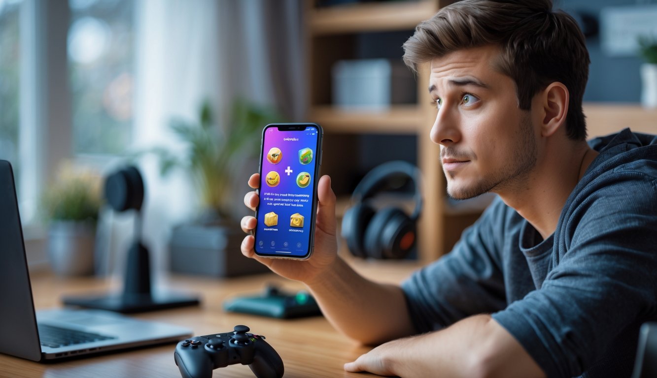 Seorang pria muda sedang melihat layar ponsel dengan ekspresi serius di ruangan modern dengan meja dan perlengkapan game di sekitarnya.