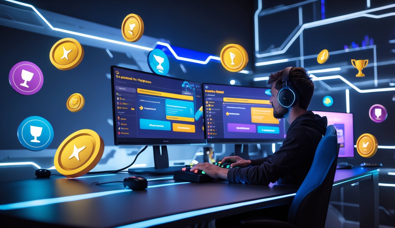 Seorang gamer sedang bermain game online dengan layar komputer yang menampilkan ikon hadiah dan bonus di sekitarnya.