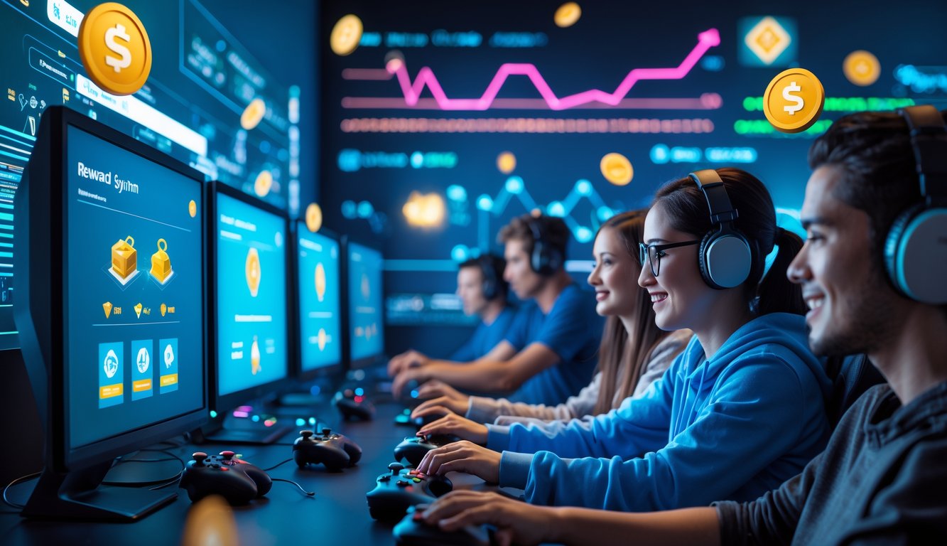 Beberapa orang sedang bermain game online dengan layar menampilkan ikon hadiah seperti koin dan peti harta karun di ruangan gaming modern.
