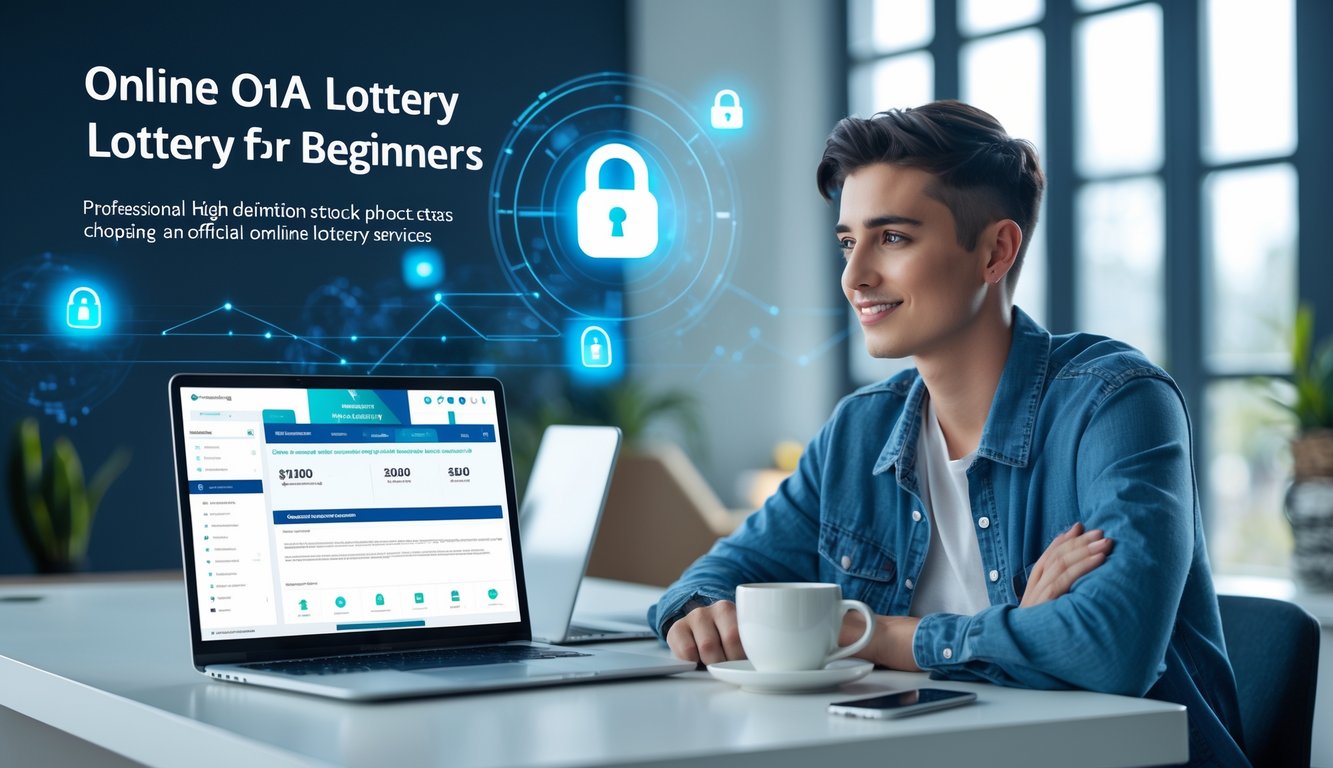 Seorang dewasa muda duduk di meja dengan laptop, menggunakan platform togel online yang aman dan resmi, dengan latar belakang elemen digital yang menunjukkan keamanan.
