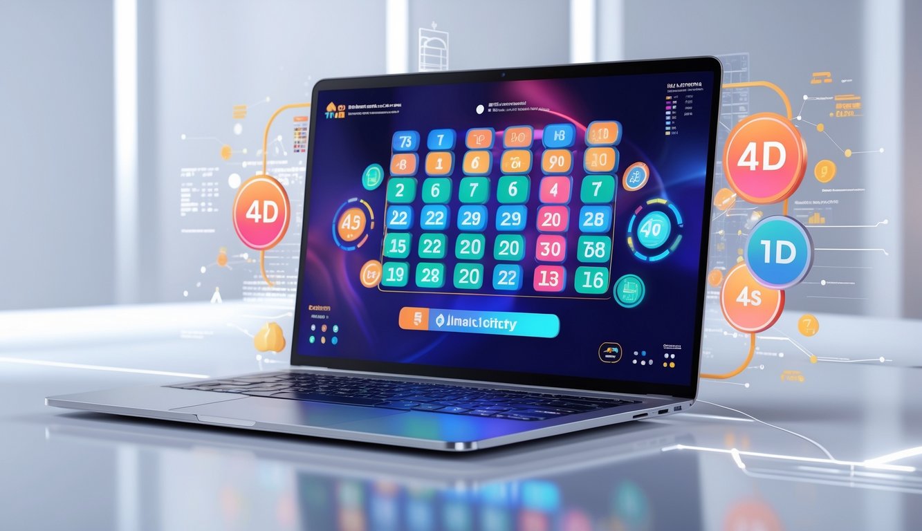Seorang pengguna sedang menggunakan perangkat digital dengan tampilan antarmuka lotere online yang penuh warna dan elemen angka, di latar belakang terdapat grafik dan motif warna merah putih yang mewakili Indonesia.