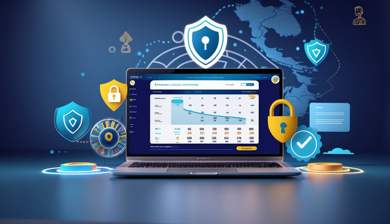 Sebuah meja kerja modern dengan laptop yang menampilkan antarmuka situs togel online, dikelilingi simbol keamanan seperti gembok dan sertifikat, dengan latar belakang peta Indonesia.