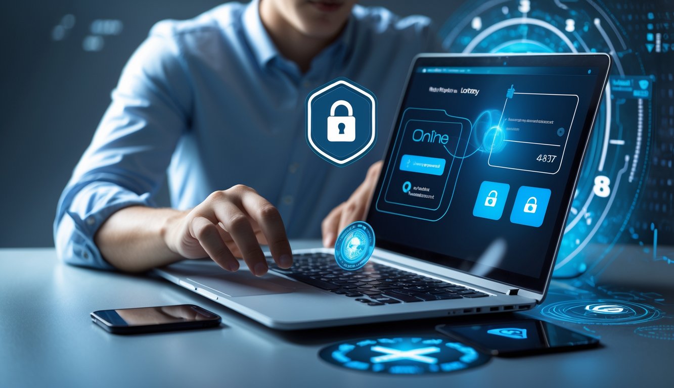 Seorang dewasa muda menggunakan laptop di meja kerja dengan tampilan antarmuka pembayaran online yang aman dan cepat, dikelilingi ikon keamanan dan angka togel.