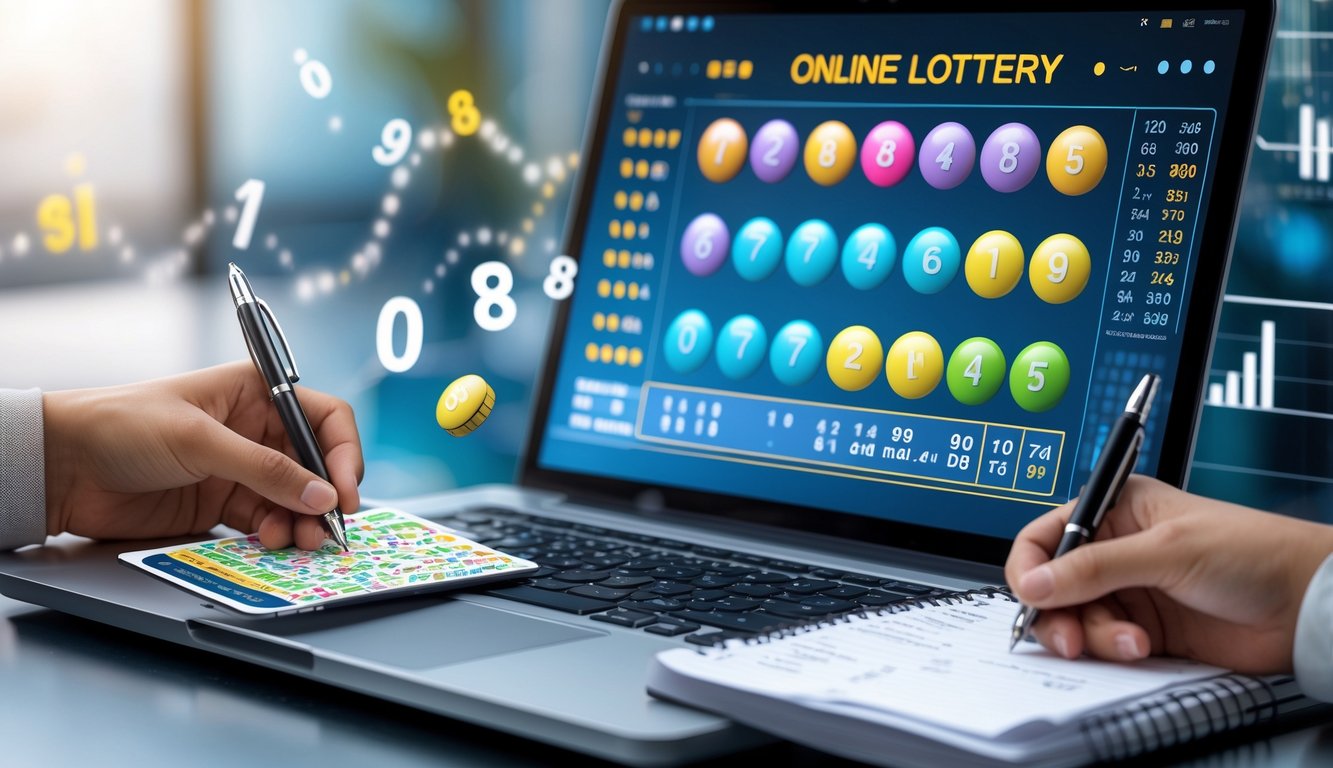 Meja kerja modern dengan laptop, smartphone, dan tangan yang memegang pena di atas buku catatan, menunjukkan aktivitas bermain togel online.