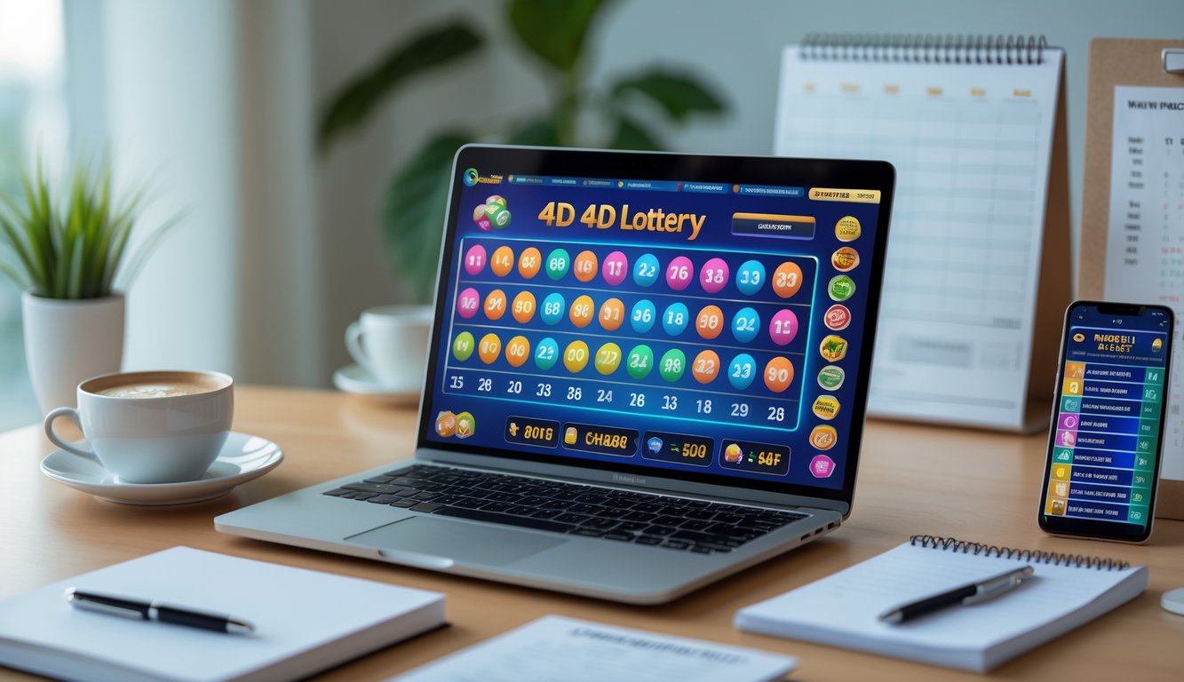 Meja kerja dengan laptop menampilkan antarmuka togel 4D online, smartphone, kopi, dan alat tulis.
