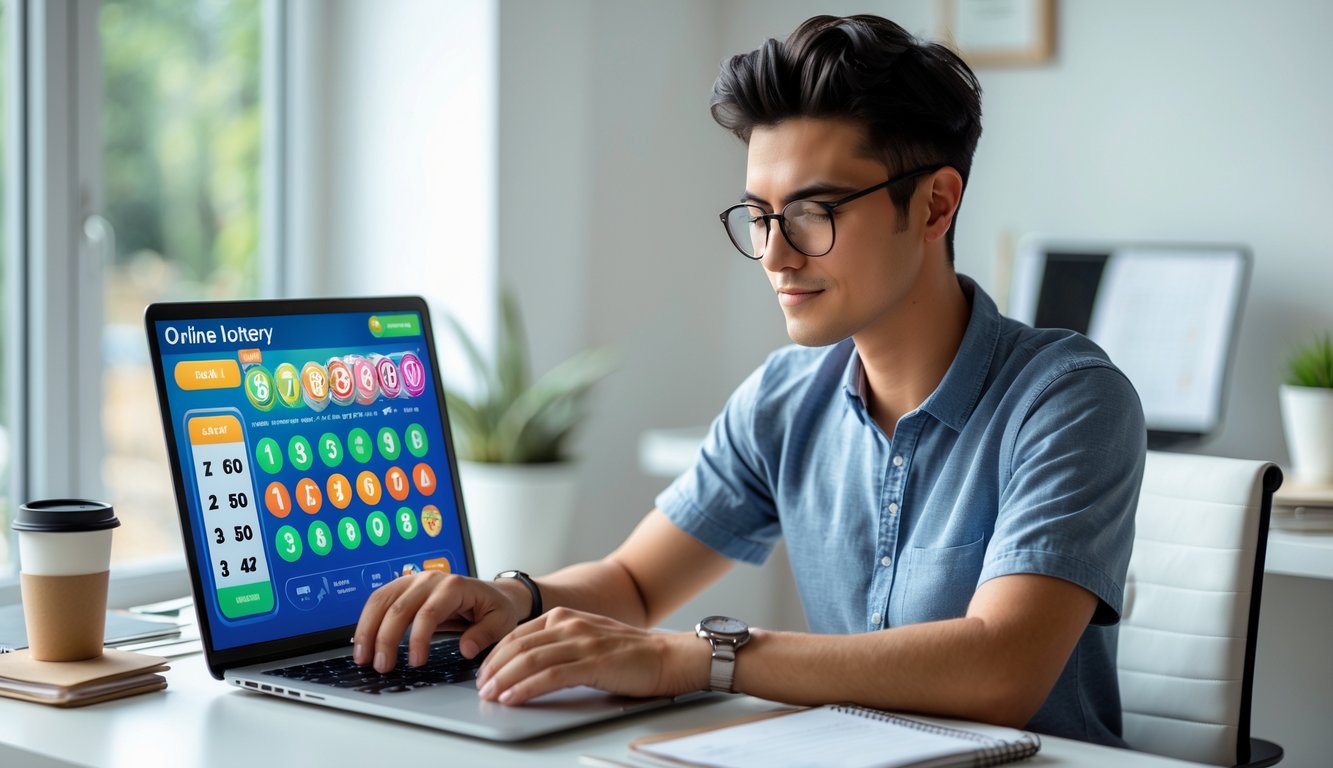 Seorang dewasa muda duduk di meja dengan laptop, fokus bermain permainan togel online di ruang kerja yang rapi dan terang.