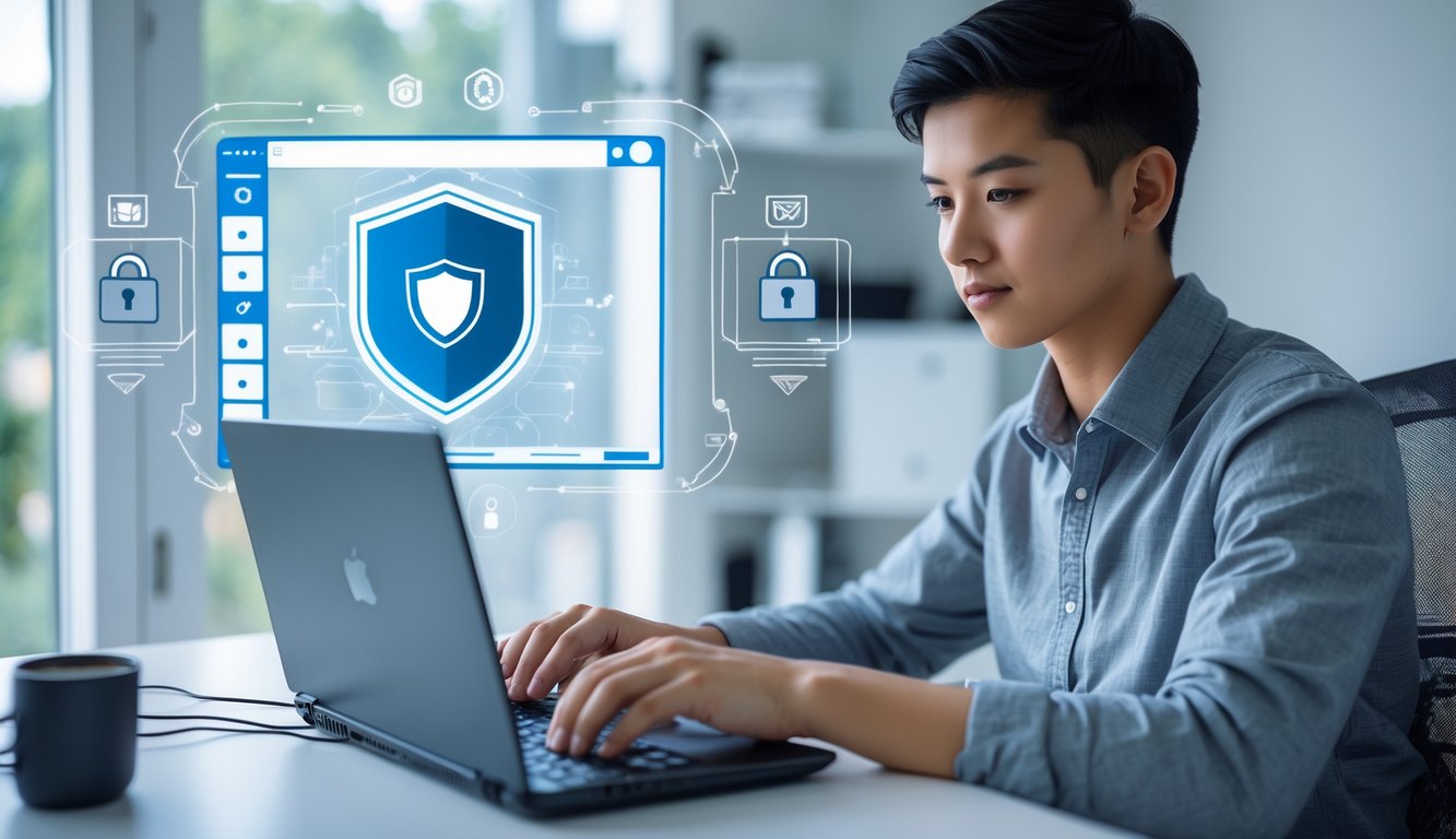 Seorang dewasa muda duduk di depan laptop di ruang kerja rumah yang terang, fokus pada layar yang menunjukkan simbol keamanan saat bermain online.