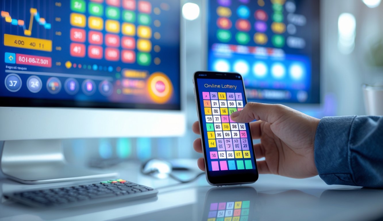 Seseorang menggunakan ponsel dan komputer di meja kerja dengan tampilan layar yang menampilkan angka dan grafik terkait permainan togel online.