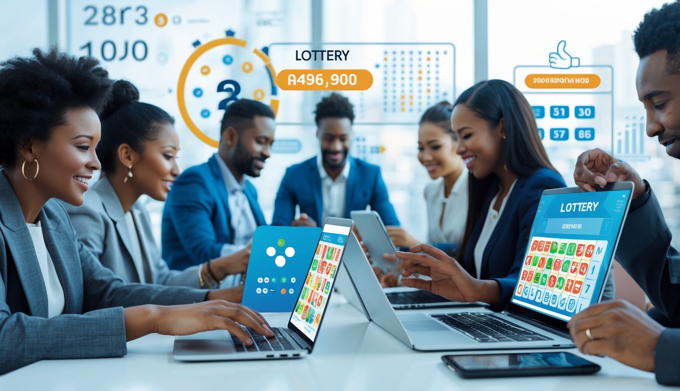 Beberapa orang menggunakan perangkat digital seperti laptop dan ponsel untuk bermain permainan lotre online dalam suasana modern dan profesional.
