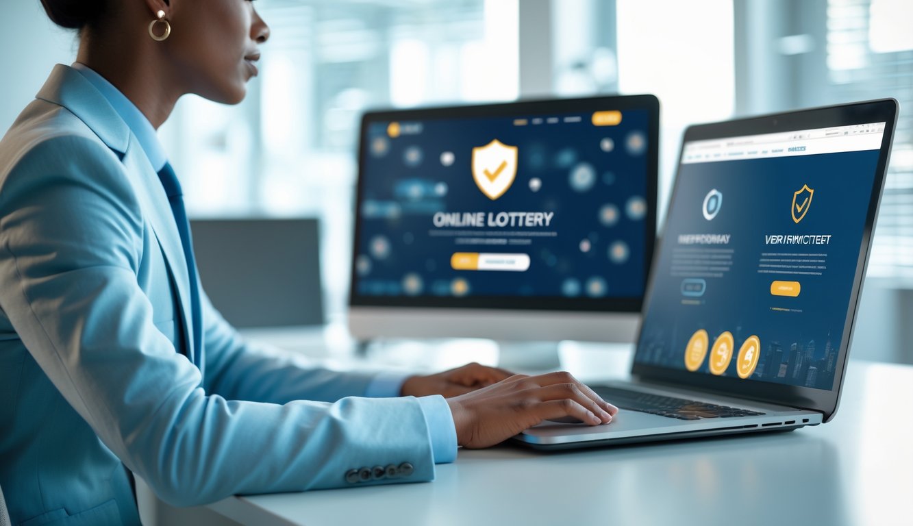 Seorang profesional duduk di meja dengan laptop yang menampilkan situs togel online resmi yang aman, dengan latar belakang kantor modern dan layar lain yang menunjukkan situs tidak terverifikasi secara samar.