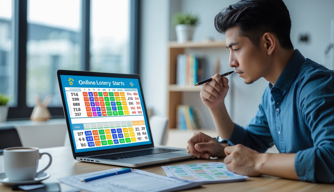 Seorang pria muda duduk di meja dengan laptop, menganalisis data dan catatan terkait permainan togel online 4D.