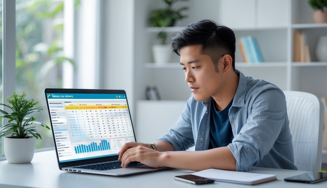 Seorang pria muda sedang duduk di meja kerja dengan laptop, fokus mempelajari strategi togel online 4D di ruang kerja yang terang dan rapi.