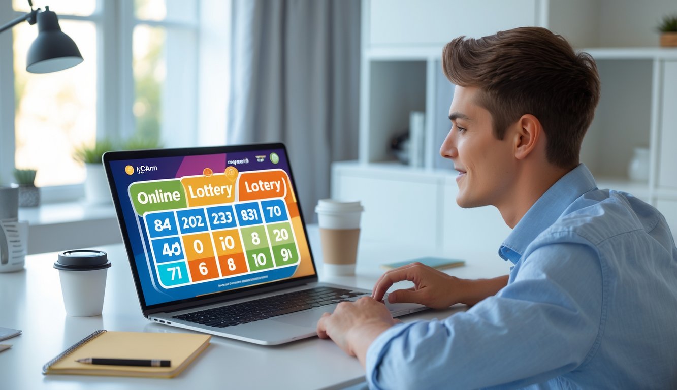 Seorang dewasa muda duduk di meja dengan laptop, menggunakan situs togel online resmi dengan tampilan antarmuka yang jelas dan mudah digunakan.