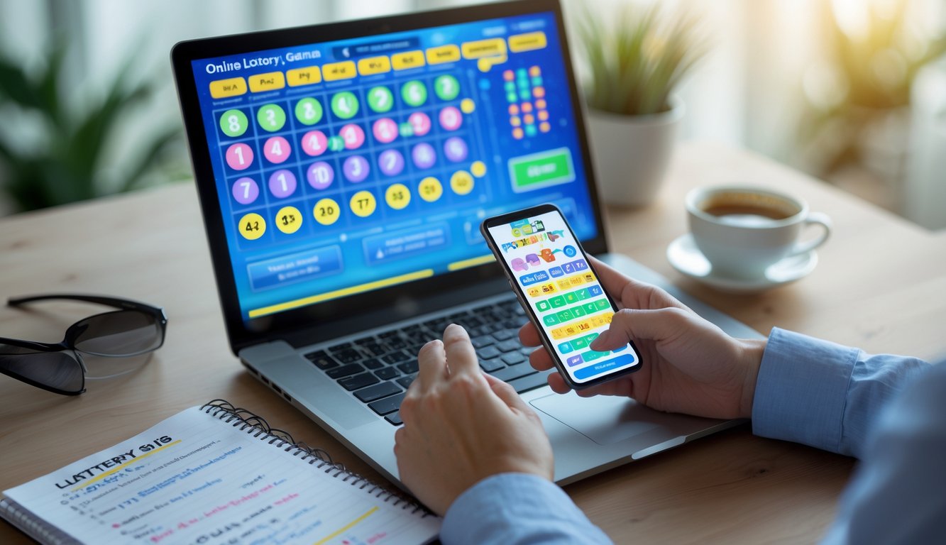 Meja kerja dengan laptop dan ponsel yang menampilkan antarmuka togel online 4D, disertai secangkir kopi dan buku catatan.