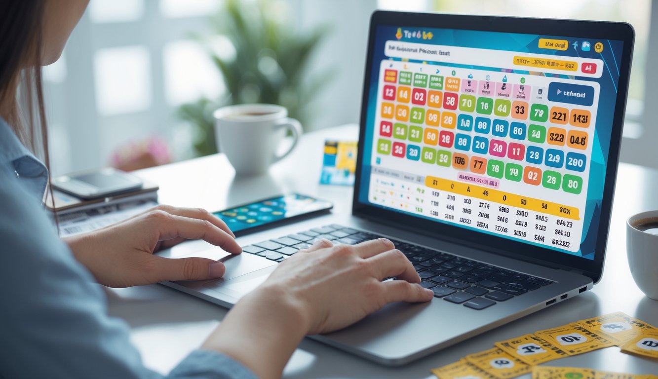 Seseorang menggunakan laptop dengan tampilan permainan togel online 4D di meja kerja yang rapi.