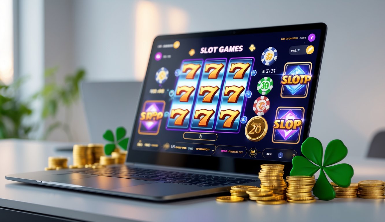 Seorang pemain menggunakan komputer dengan permainan slot online yang berwarna-warni di layar, dikelilingi oleh koin emas dan chip poker di meja yang rapi.