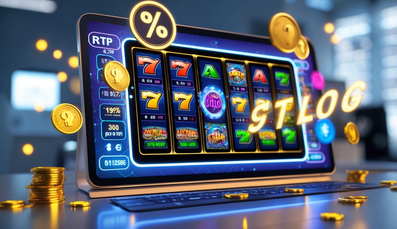 Sebuah layar perangkat digital menampilkan gulungan mesin slot berwarna cerah dengan angka RTP tinggi dan elemen keberuntungan di sekitarnya.