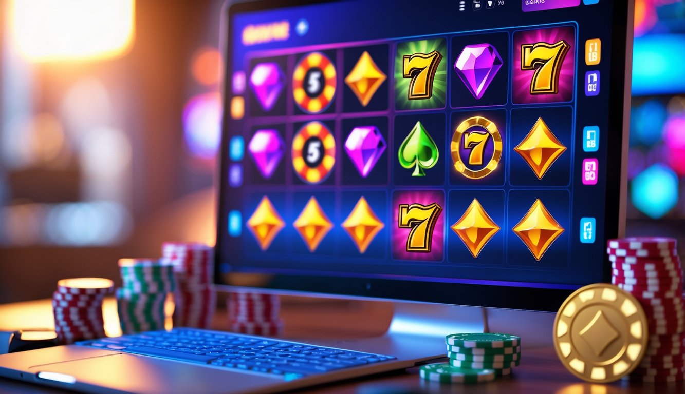 Sebuah layar komputer menampilkan berbagai ikon permainan slot online berwarna-warni dengan tumpukan chip poker dan kartu di sekitarnya.