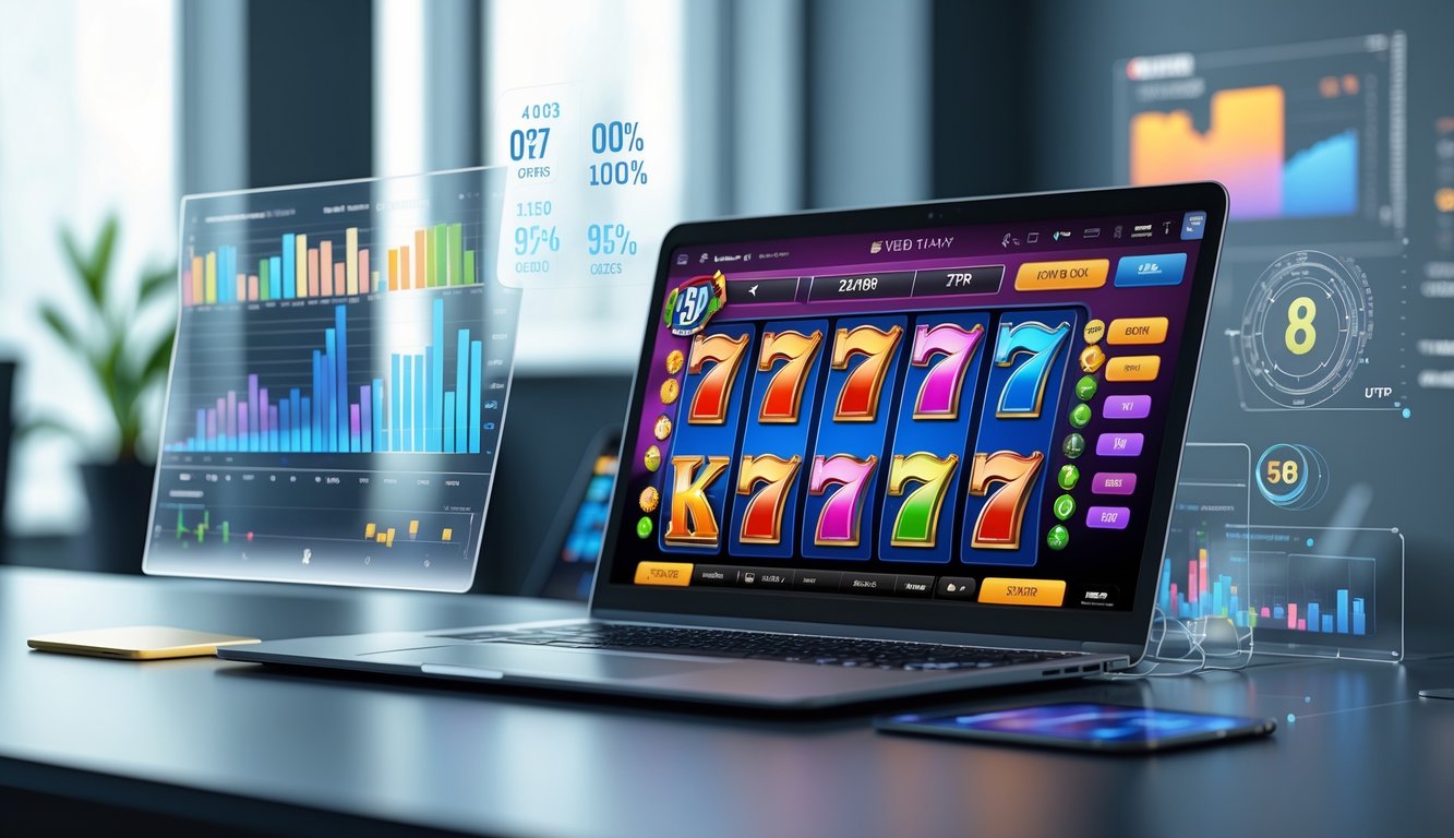 Seorang pengguna di depan komputer dengan tampilan permainan slot online dan grafik RTP di layar.
