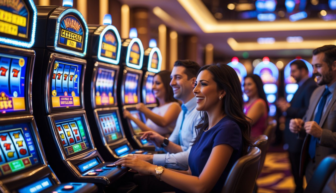 Orang-orang bermain mesin slot di kasino dengan suasana cerah dan penuh semangat.