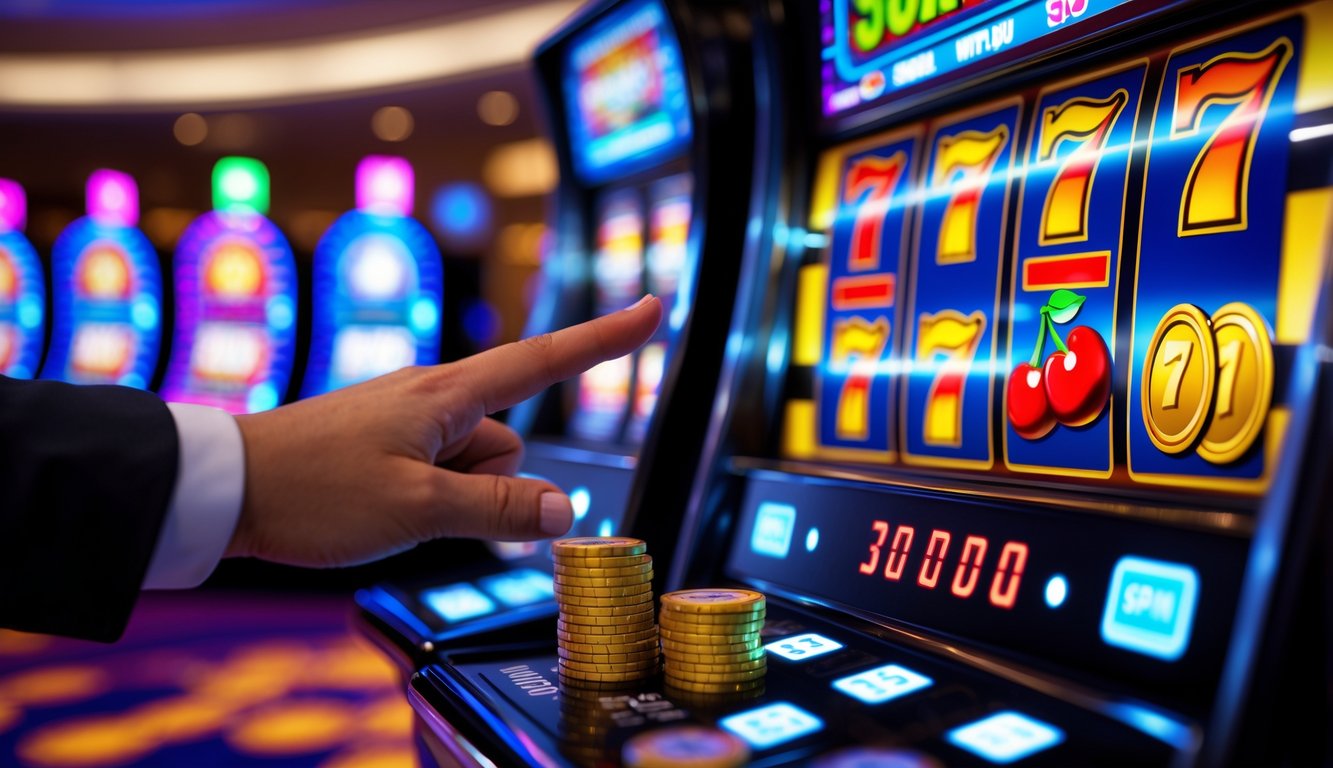 Mesin slot modern dengan gulungan berwarna-warni yang sedang berputar di dalam kasino yang terang dan ramai.