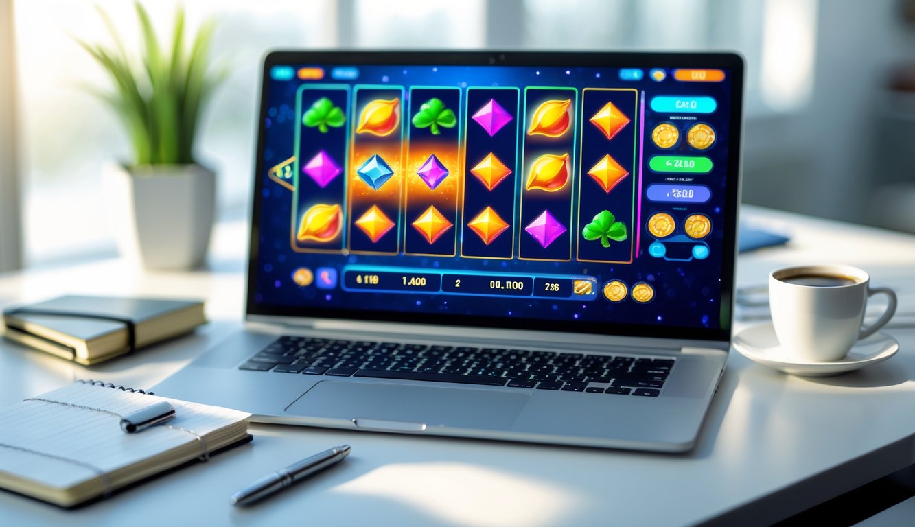 Seorang pemain menggunakan komputer dengan permainan slot online berwarna cerah di layar, dikelilingi oleh catatan dan secangkir kopi di meja yang rapi.
