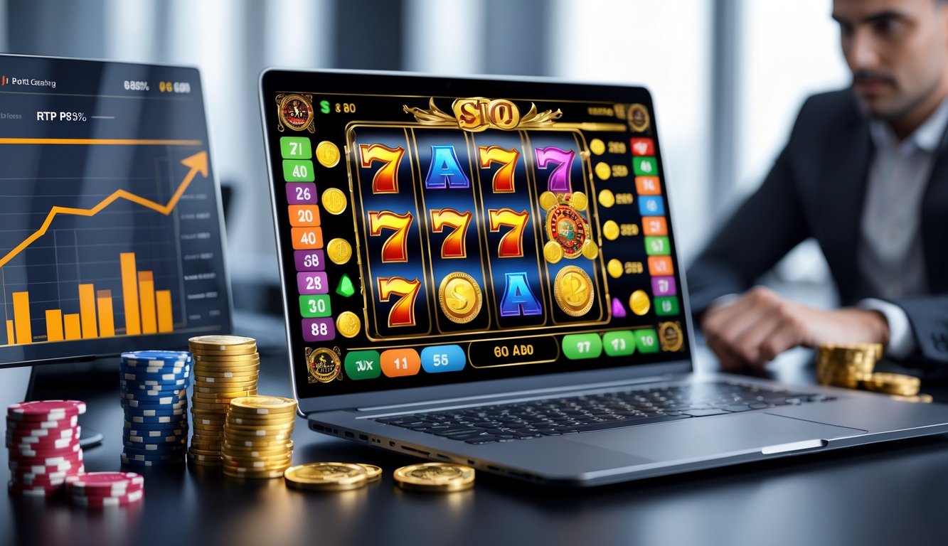 Seorang pemain sedang menggunakan komputer dengan permainan slot online yang menampilkan simbol kemenangan dan grafik naik, menggambarkan pengalaman bermain slot dengan RTP tinggi.