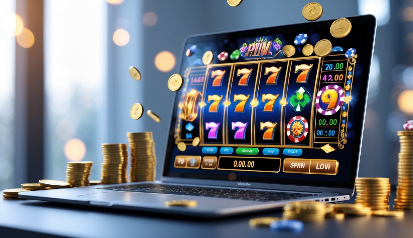 Seorang pemain sedang menggunakan komputer dengan tampilan permainan slot online yang berwarna-warni dan koin emas di sekitarnya.
