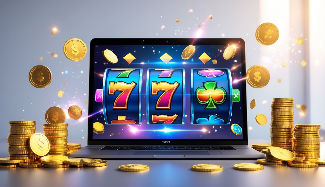Sebuah laptop menampilkan permainan slot online dengan simbol kemenangan, dikelilingi koin emas dan chip poker.