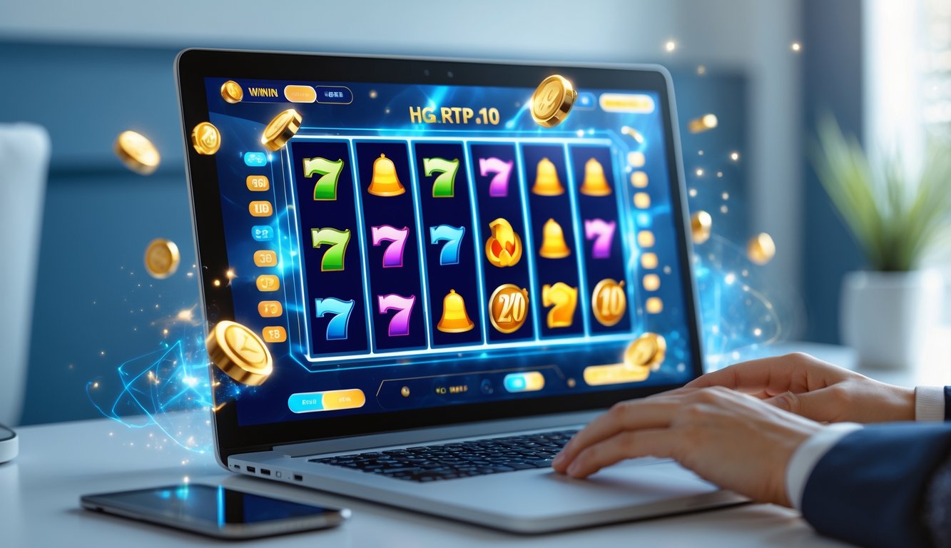 Seorang pengguna sedang bermain mesin slot online di laptop dengan simbol warna-warni di layar, menunjukkan peluang menang besar.