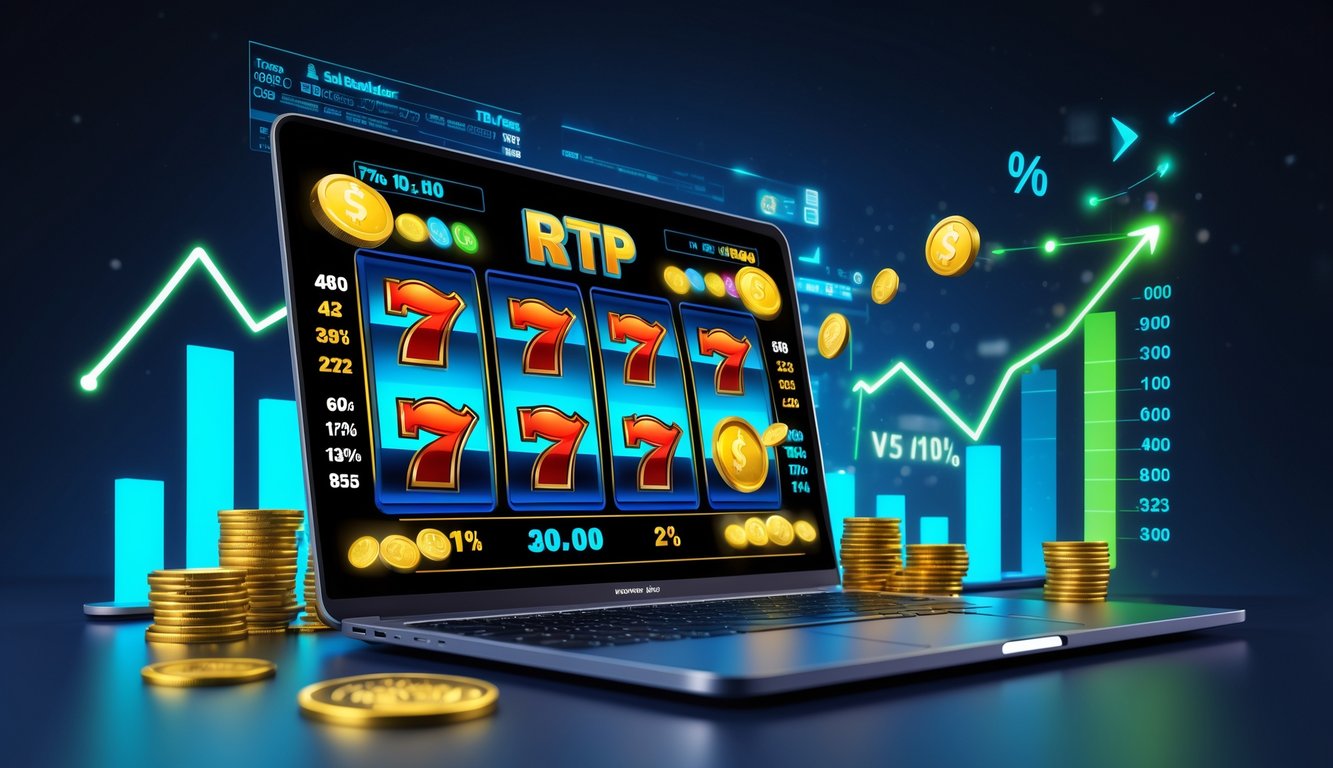 Layar komputer menampilkan grafik permainan slot online dengan simbol berwarna cerah dan elemen statistik yang menunjukkan peluang menang tinggi.
