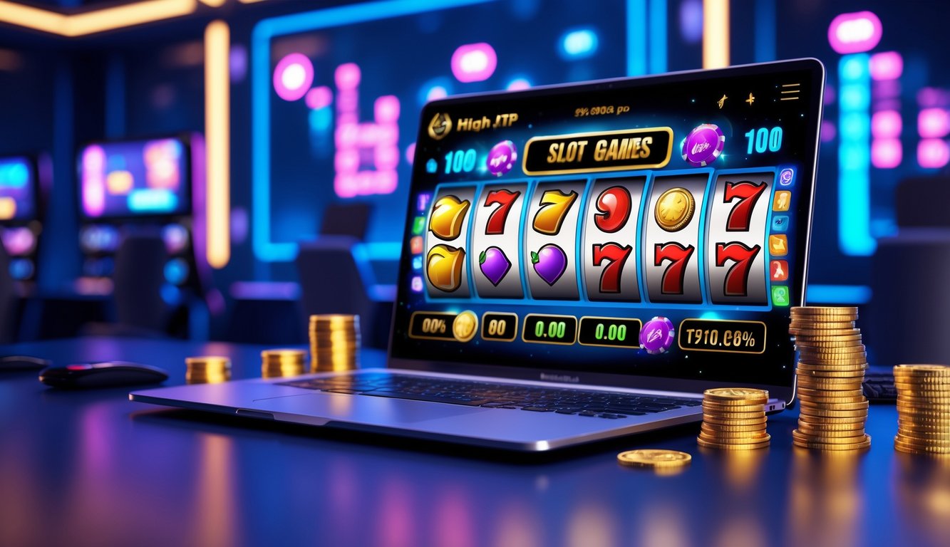 Layar komputer menampilkan permainan slot online dengan simbol warna-warni dan suasana gaming modern yang cerah.