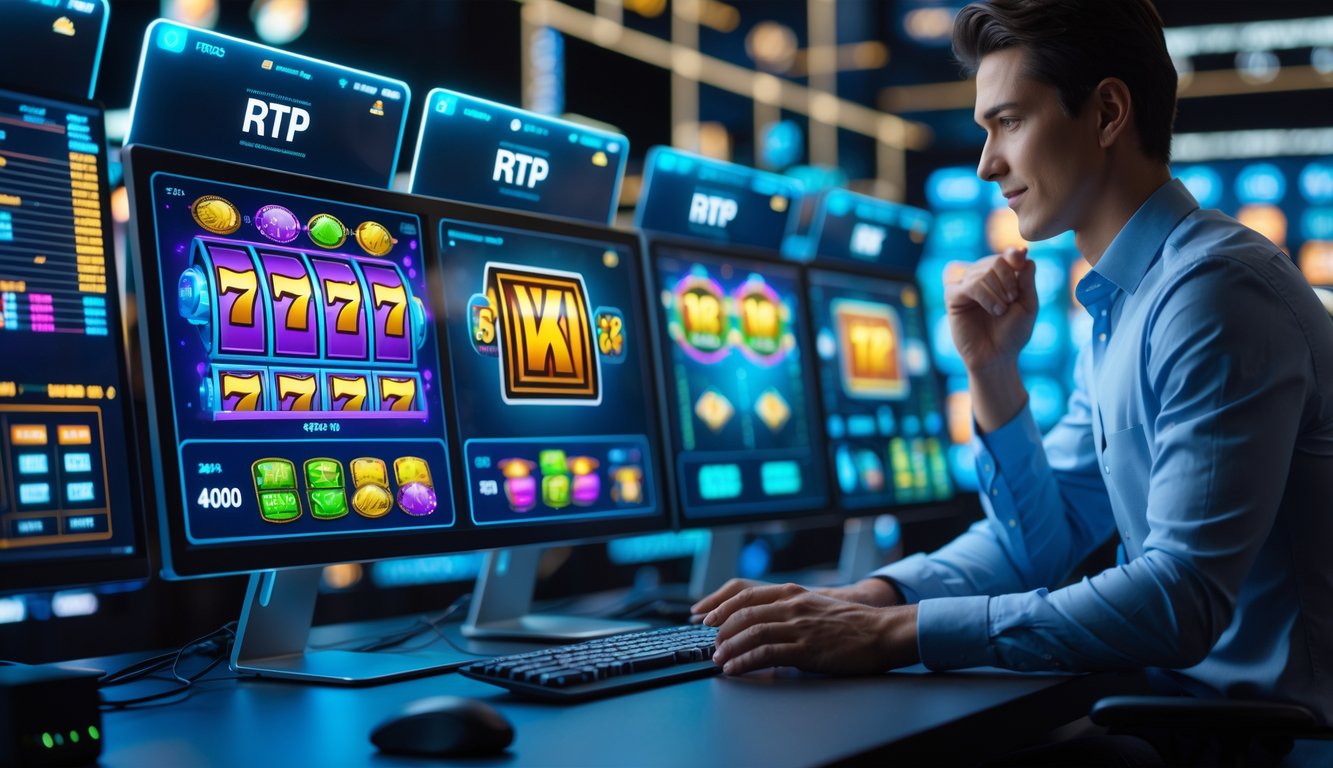 Seorang profesional sedang menggunakan komputer dengan tampilan permainan slot online dan grafik data di layar.