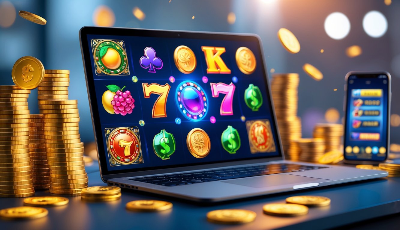 Sebuah layar komputer menampilkan permainan slot online dengan simbol warna-warni dan tumpukan chip poker di sekitarnya.