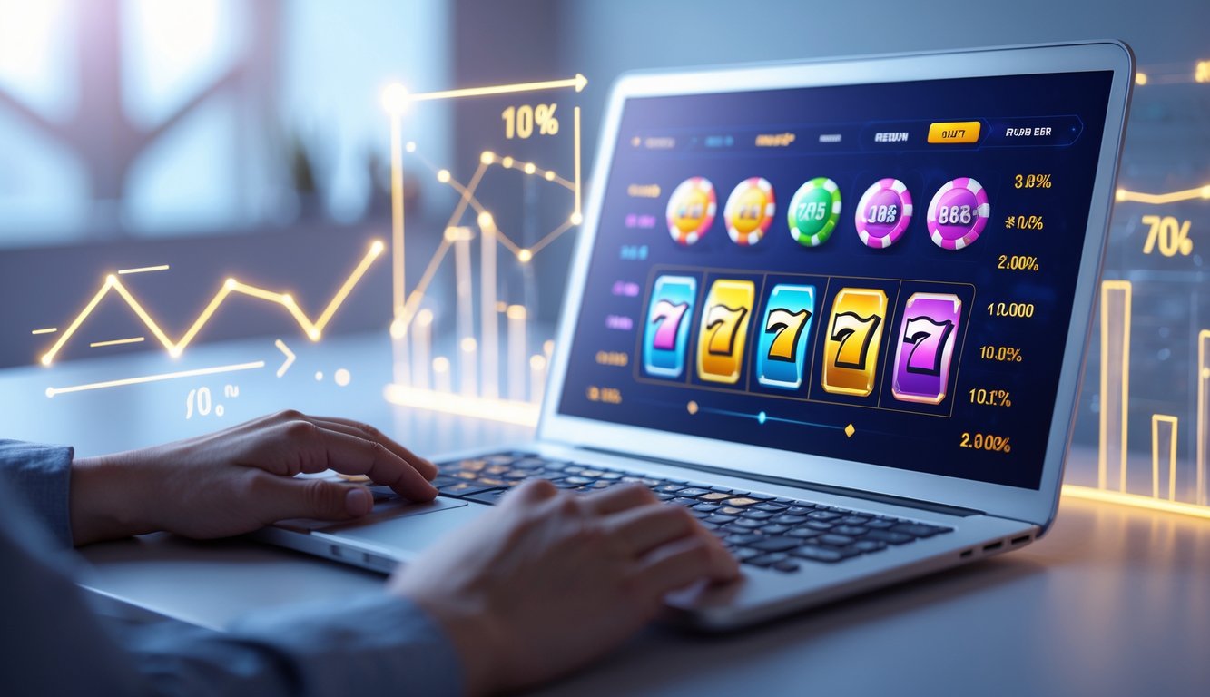 Seorang pria menggunakan laptop dengan layar menampilkan ikon permainan slot berwarna-warni dan grafik statistik di lingkungan kerja yang rapi.