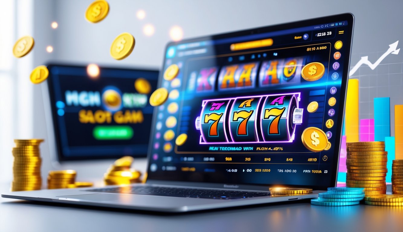 Seorang pemain sedang bermain slot online di komputer dengan grafik permainan yang berwarna-warni dan koin digital di sekitarnya.