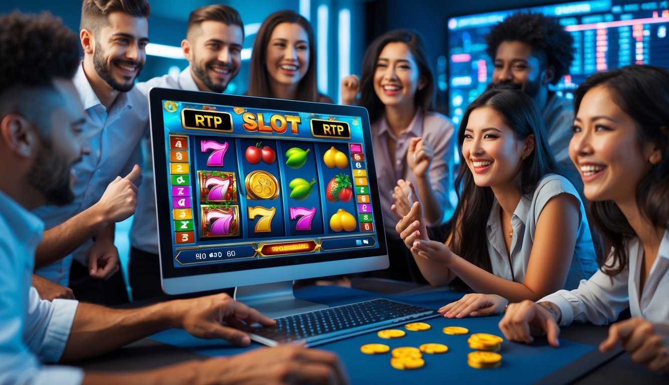Beberapa orang bermain slot online di depan layar komputer dengan simbol slot yang berwarna-warni dan suasana yang ceria.