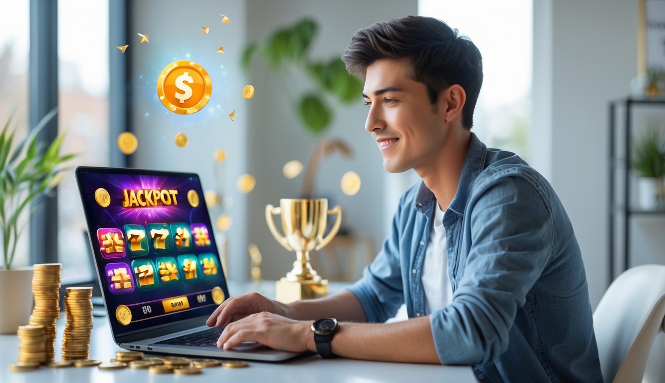 Seorang pria muda duduk di meja dengan laptop yang menampilkan permainan slot online, terlihat fokus dan senang di ruang kerja yang terang dan rapi.