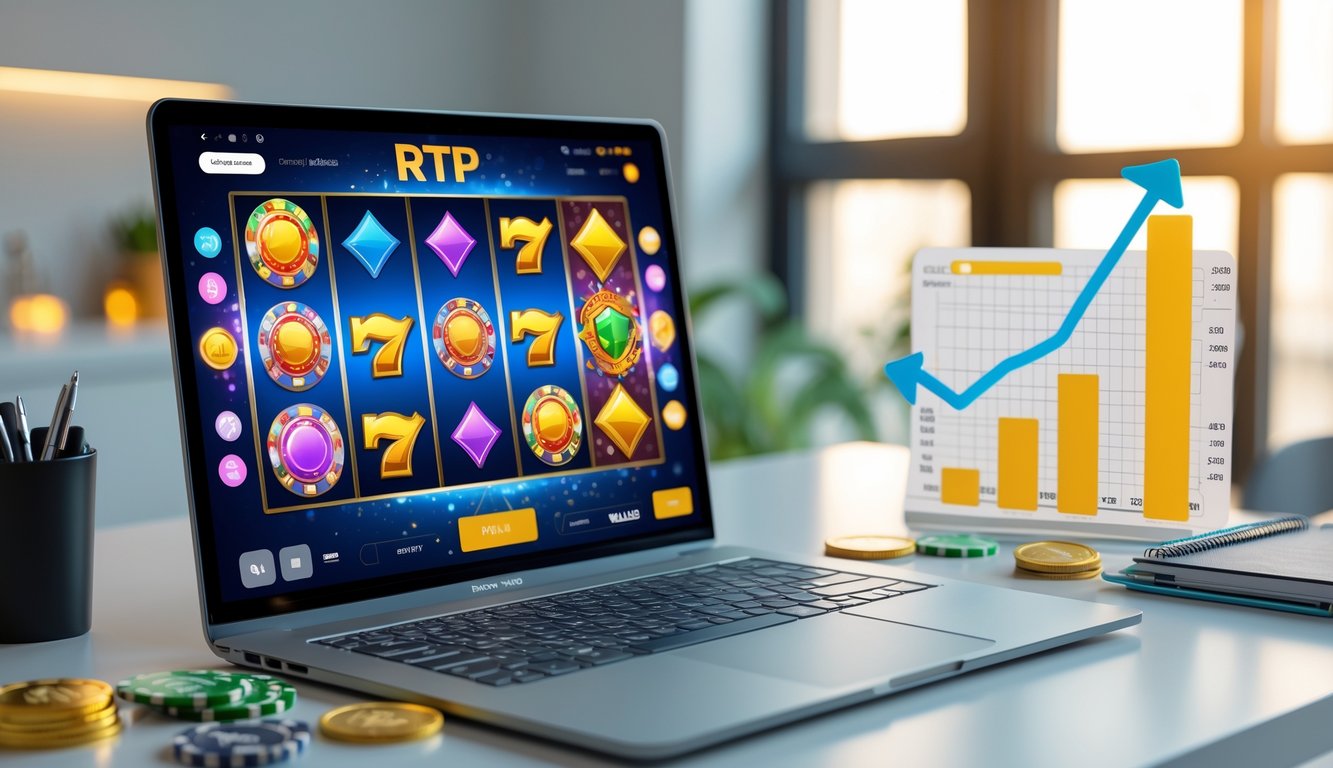 Seorang pengguna sedang melihat layar komputer yang menampilkan permainan slot online dengan grafik dan simbol warna-warni, di sampingnya terdapat grafik keuangan yang menunjukkan persentase naik.
