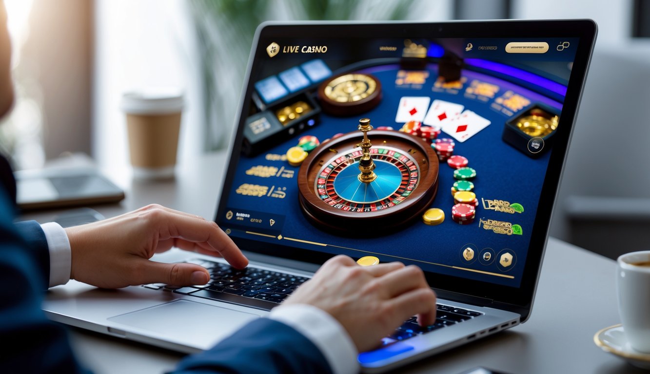 Tangan seseorang menggunakan komputer untuk bermain permainan kasino langsung online dengan kartu dan chip di layar.