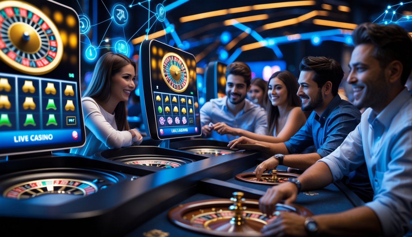 Beberapa orang bermain permainan kasino langsung secara online menggunakan layar komputer dan perangkat digital dalam suasana yang modern dan menyenangkan.