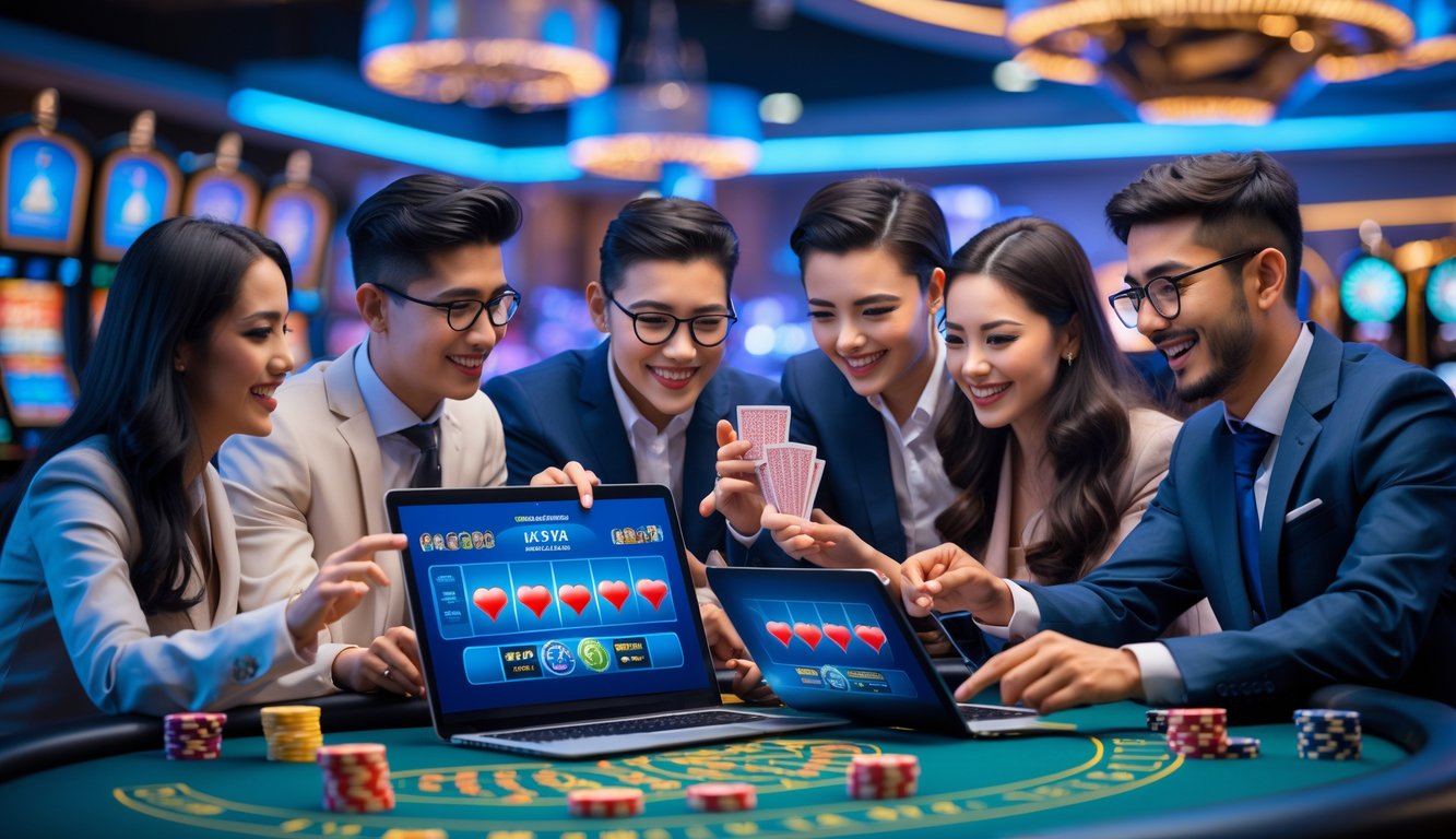 Sekelompok orang muda menggunakan perangkat digital untuk bermain permainan kasino online dengan latar belakang elemen kasino seperti kartu dan chip.