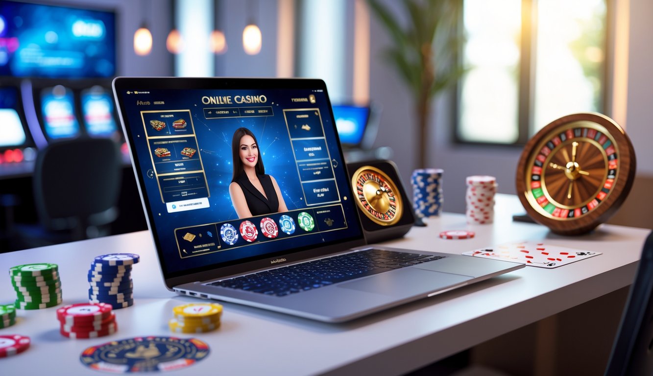 Seorang dealer kasino langsung sedang bermain di komputer dengan tampilan permainan kasino online di meja yang rapi.