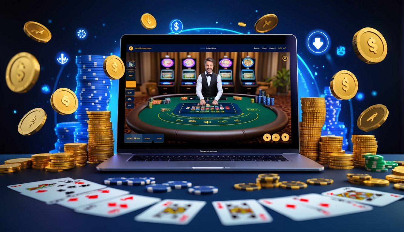 Seorang pemain sedang bermain kasino langsung secara online dengan dealer dan chip di layar komputer.