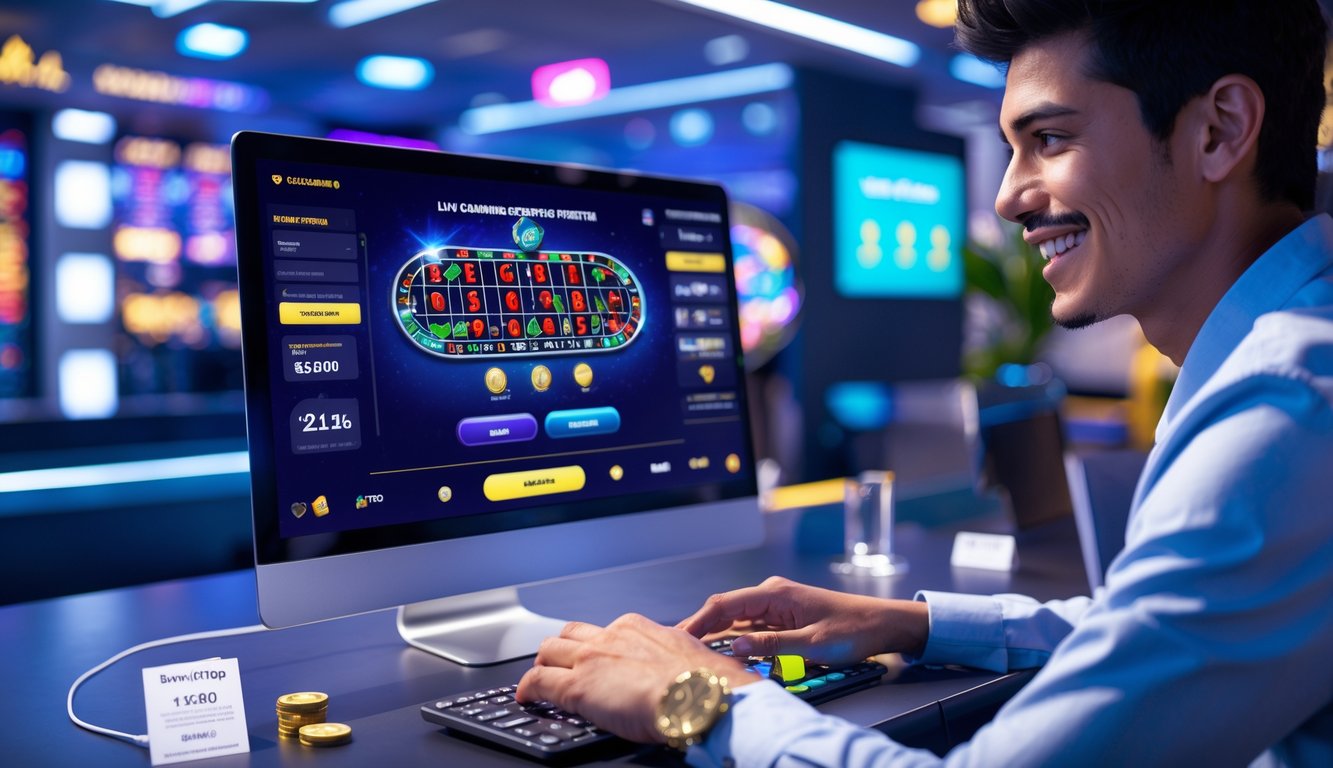 Seorang pemain muda sedang bermain permainan kasino online di depan layar komputer dengan tampilan permainan langsung dan elemen transaksi digital.