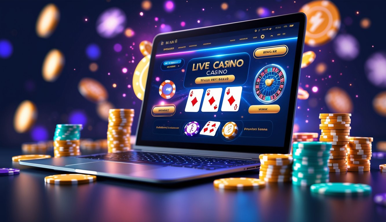 Seorang pengguna sedang bermain di kasino online langsung menggunakan laptop dengan kartu dan chip di layar, menunjukkan suasana permainan yang menarik dan menyenangkan.